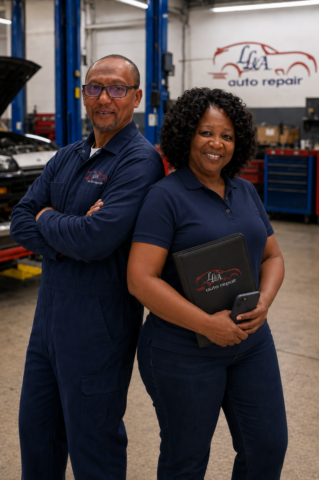 Mr. and Mrs. Wint, owners of LL&A Auto Repair